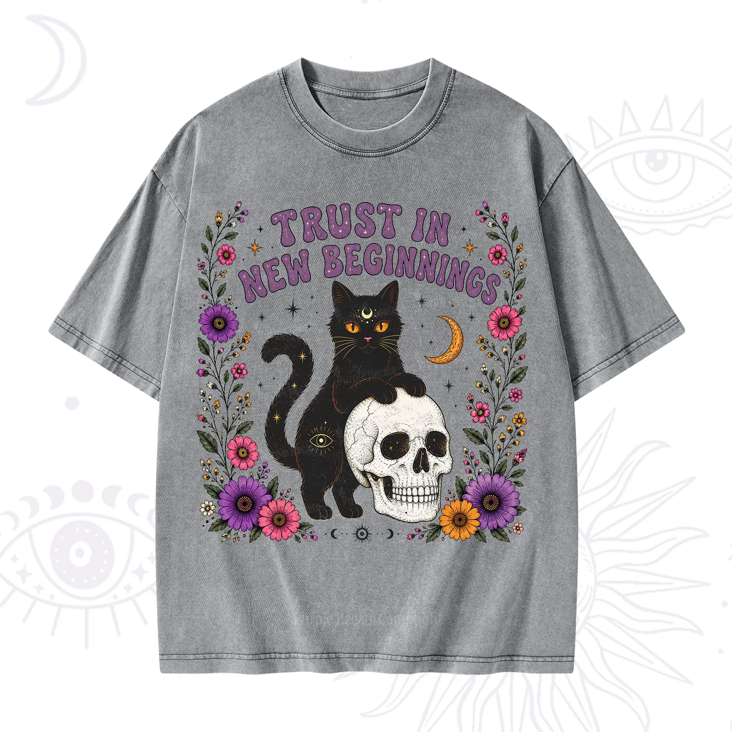 Purplehecate Trust in New Beginnings Black Cat Washed T-Shirt