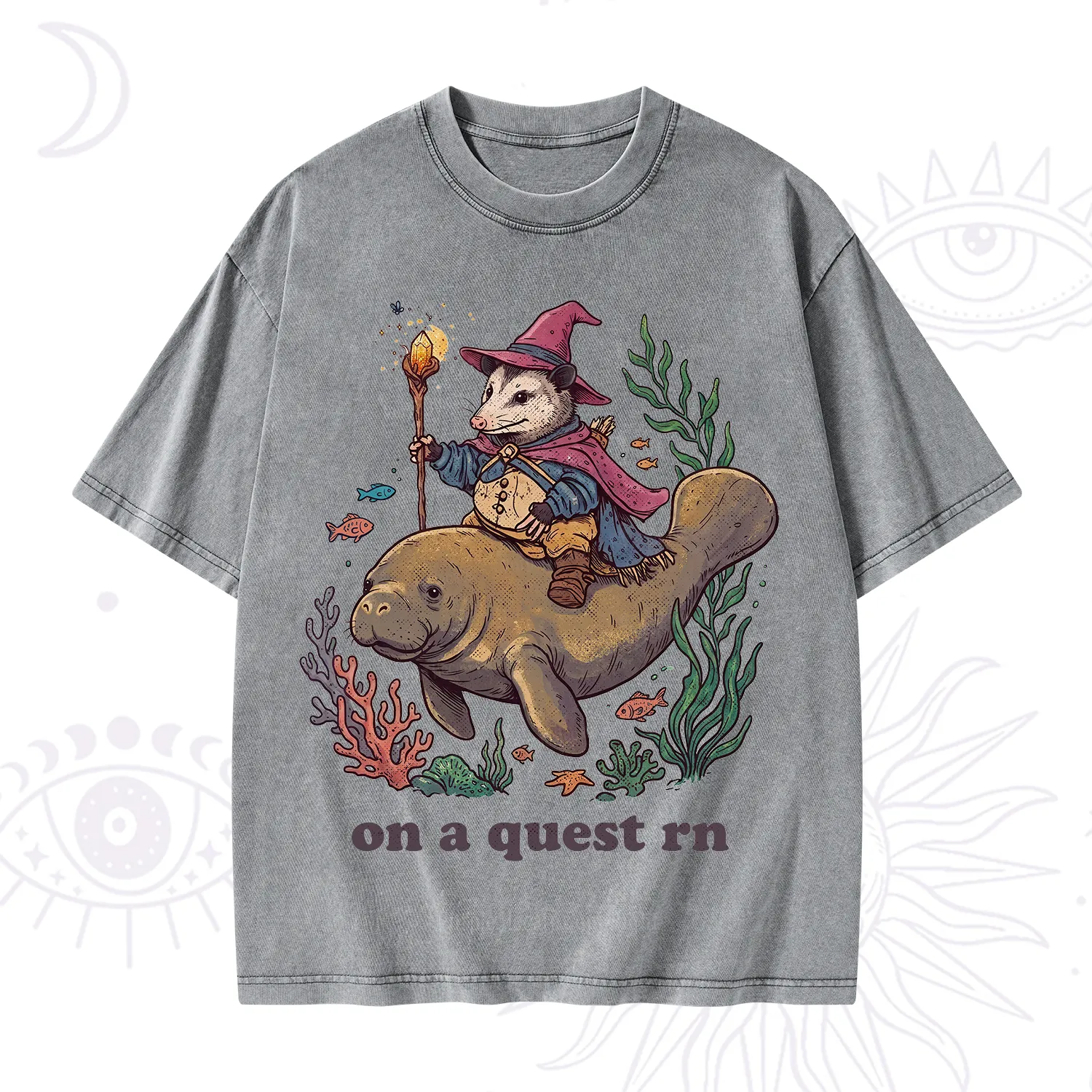 Purplehecate Opossum Wizard on Sea Quest Washed T-Shirt