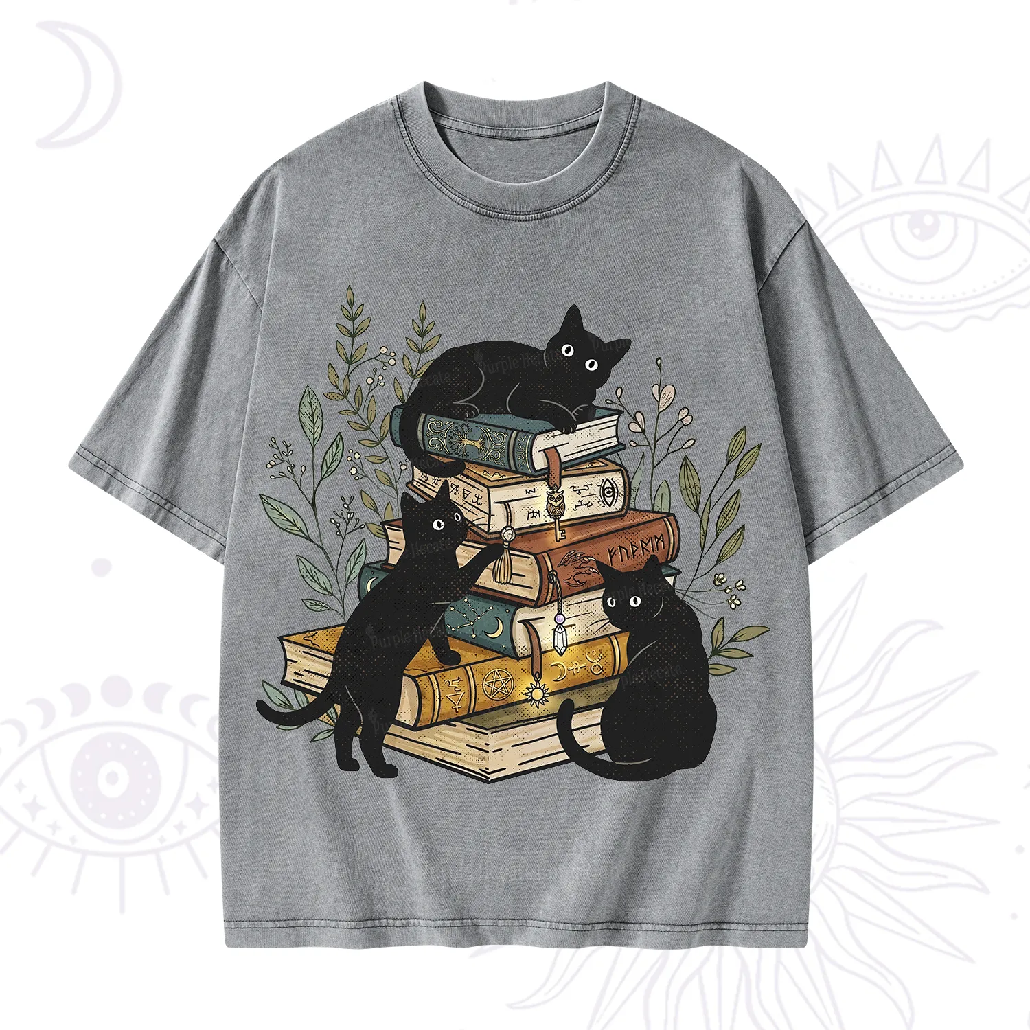Purplehecate Enchanted Library Three Black Cats Washed T-Shirt