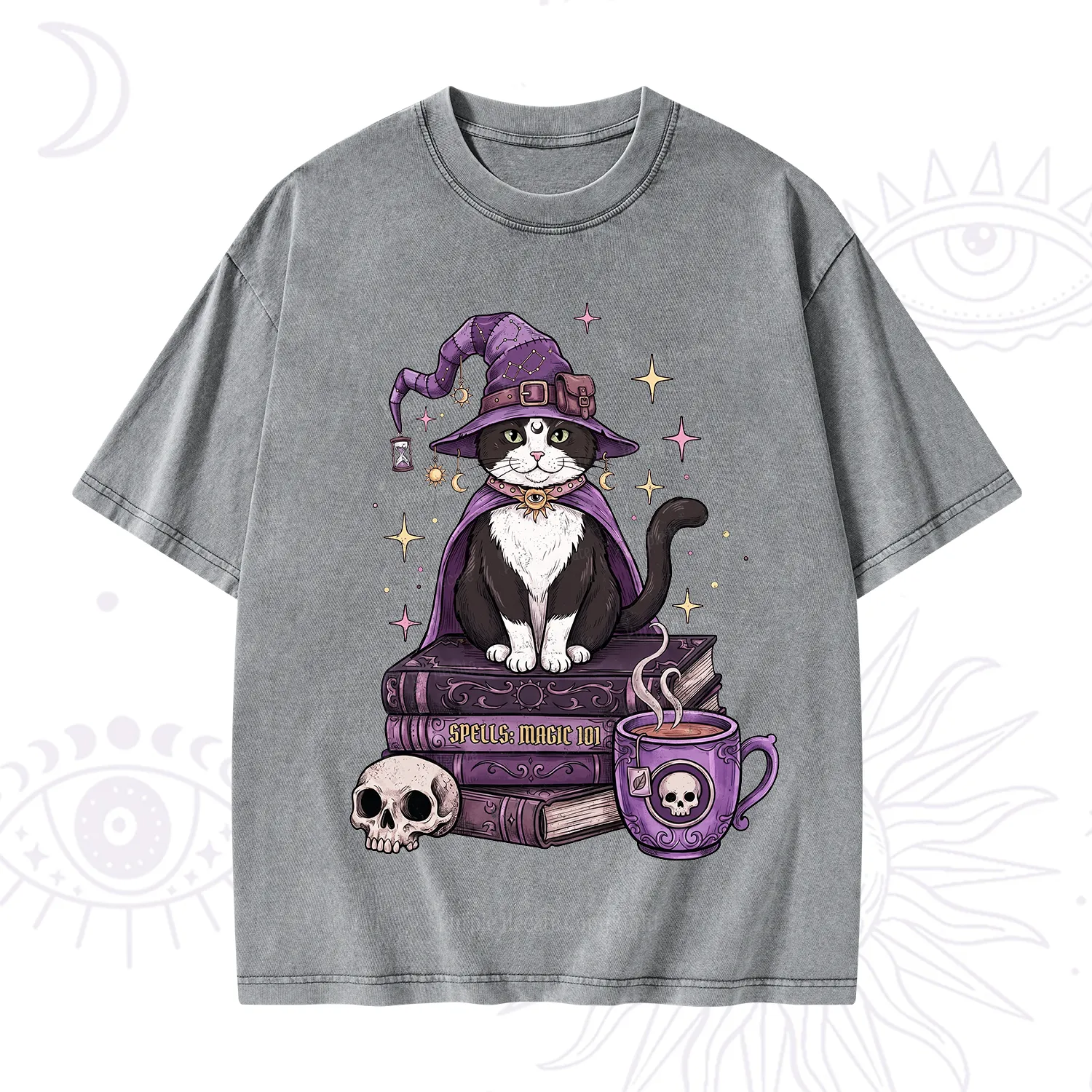 Purplehecate Witchy Cat Spell Books Washed T-Shirt
