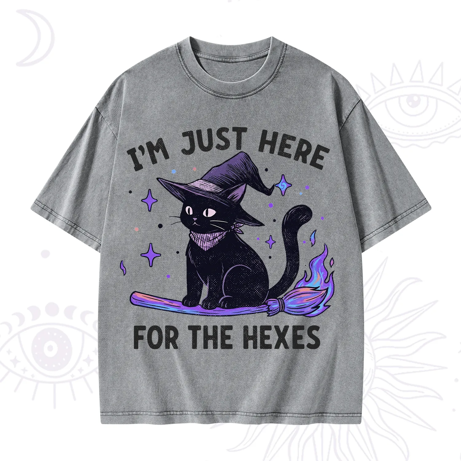 Purplehecate I'm Just Here for the Hexes Witch Cat Washed T-Shirt