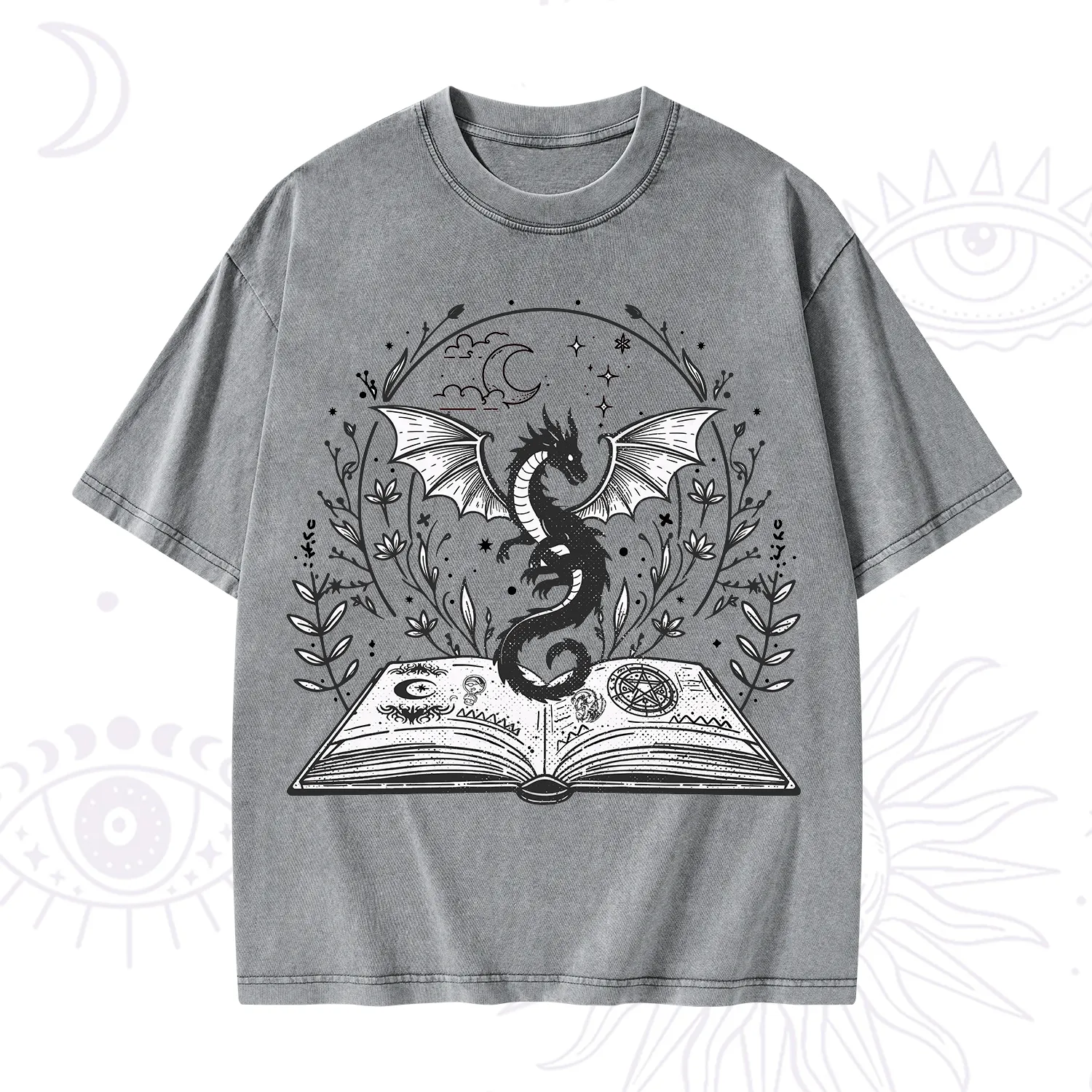 Purplehecate Magical Book Dragon Fantasy Washed T-Shirt
