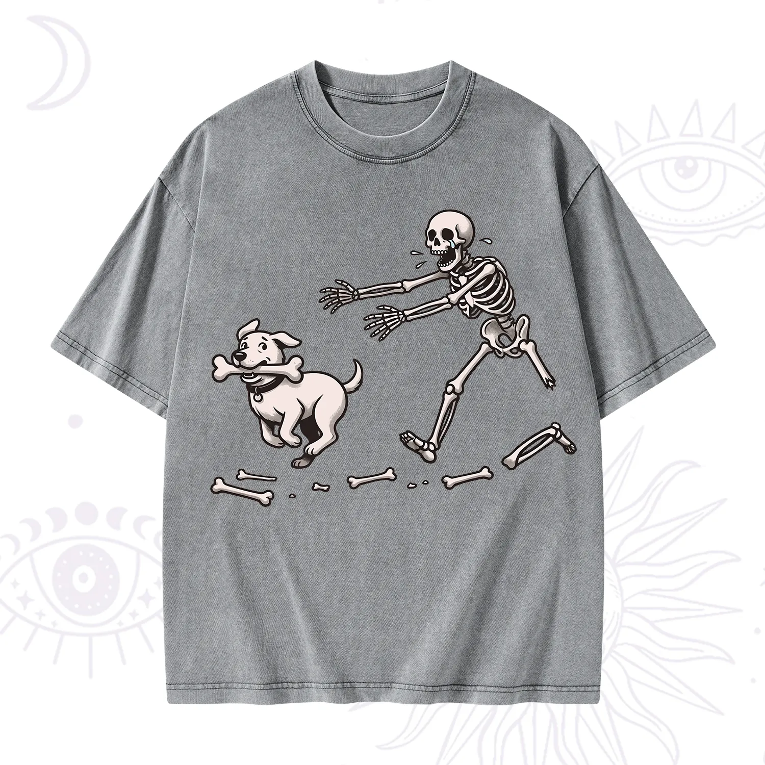 Purplehecate Halloween Skeleton Chasing Dog Washed T-Shirt