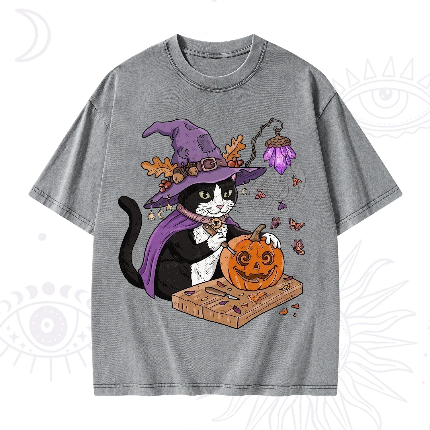 Purplehecate Pumpkin Carving Witch Cat Washed T-Shirt