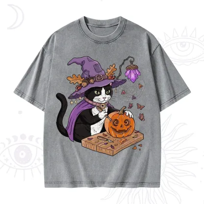 Purplehecate Pumpkin Carving Witch Cat Washed T-Shirt