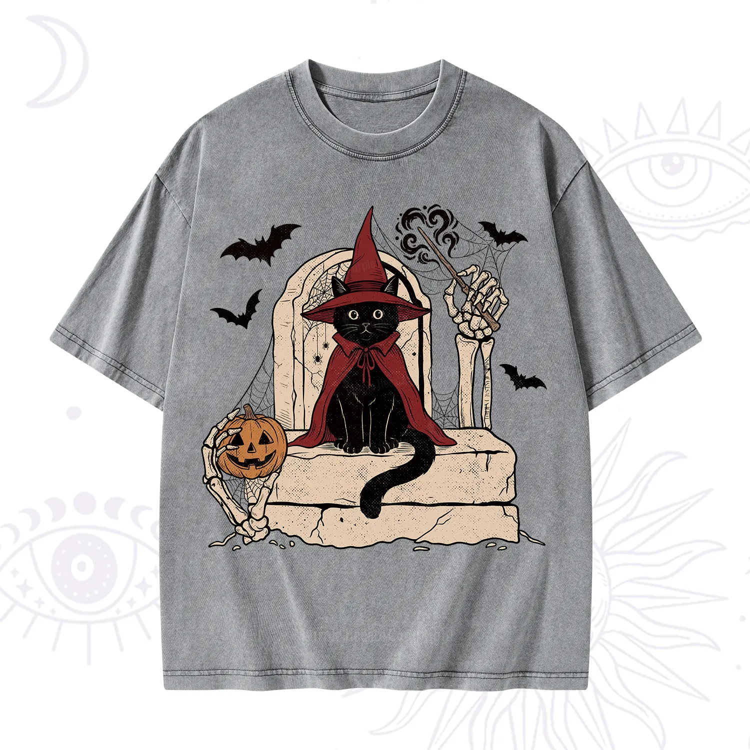 Purplehecate Wizard Black Cat on the Tombstone Halloween Washed T-Shirt