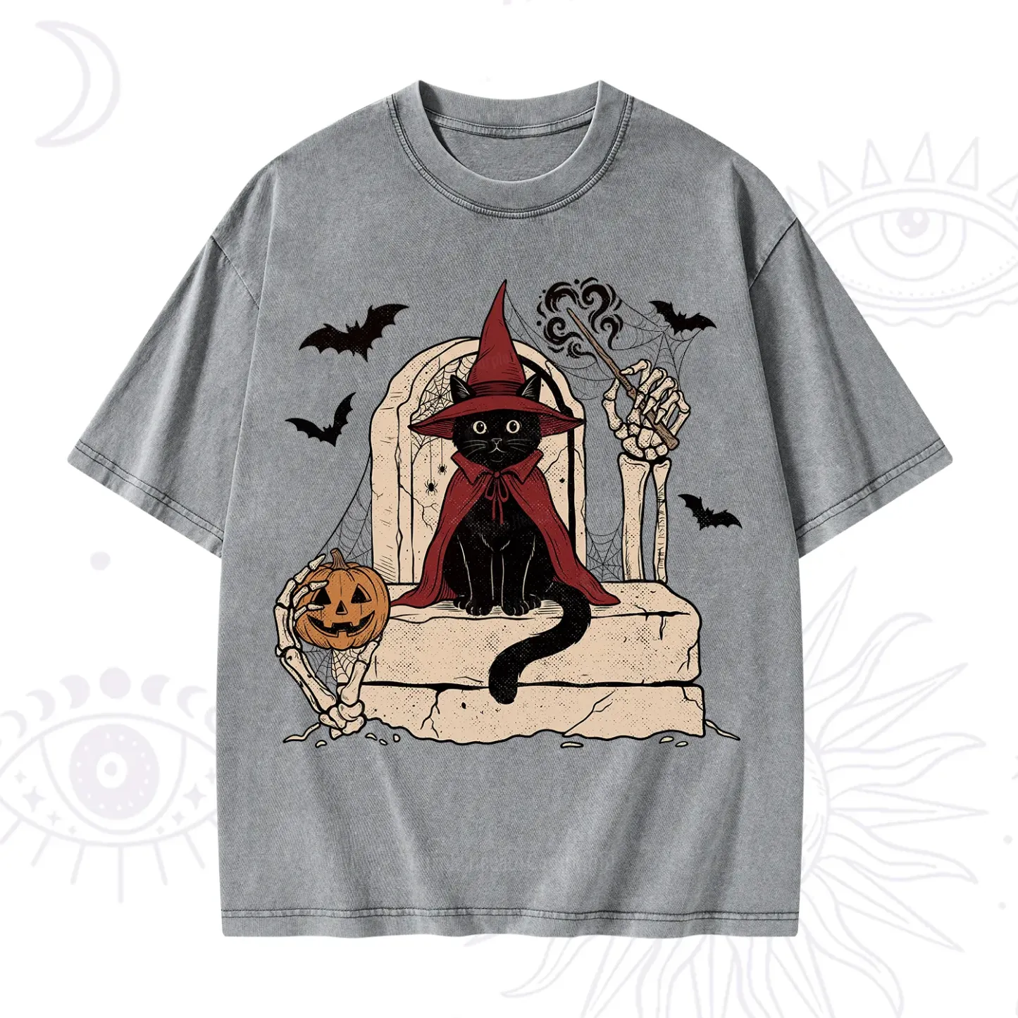 Purplehecate Wizard Black Cat on the Tombstone Halloween Washed T-Shirt