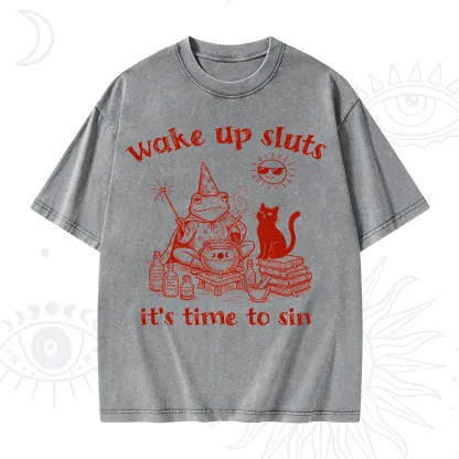 Purplehecate Wake Up Sluts It's Time to Sin Witch Frog Washed T-Shirt