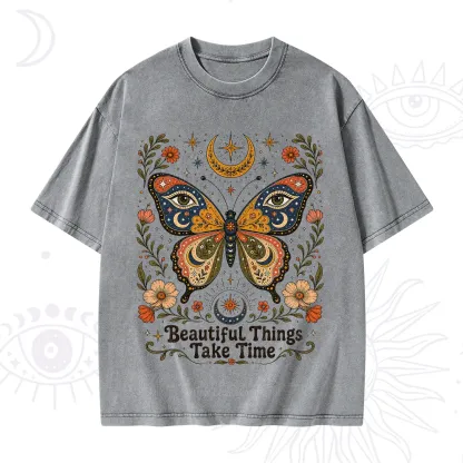 Purplehecate Beautiful Things Take Time Butterfly Washed T-Shirt