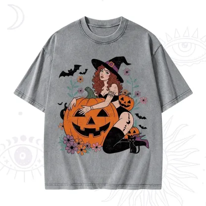 Purplehecate Enchanting Pumpkin Witch Halloween Washed T-Shirt