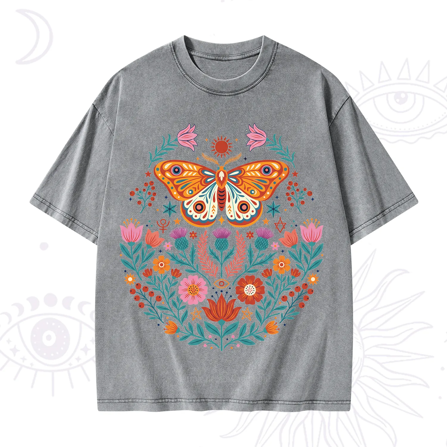 Purplehecate Boho Colorful Celestial Moth Washed T-Shirt