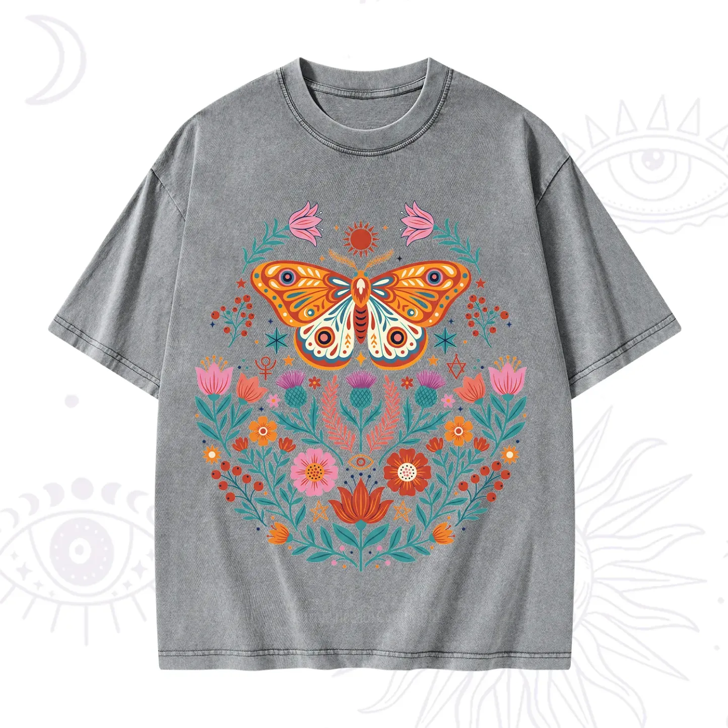 Purplehecate Boho Colorful Celestial Moth Washed T-Shirt