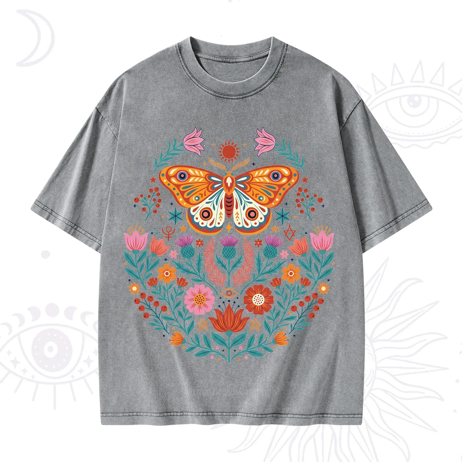 Purplehecate Boho Colorful Celestial Moth Washed T-Shirt
