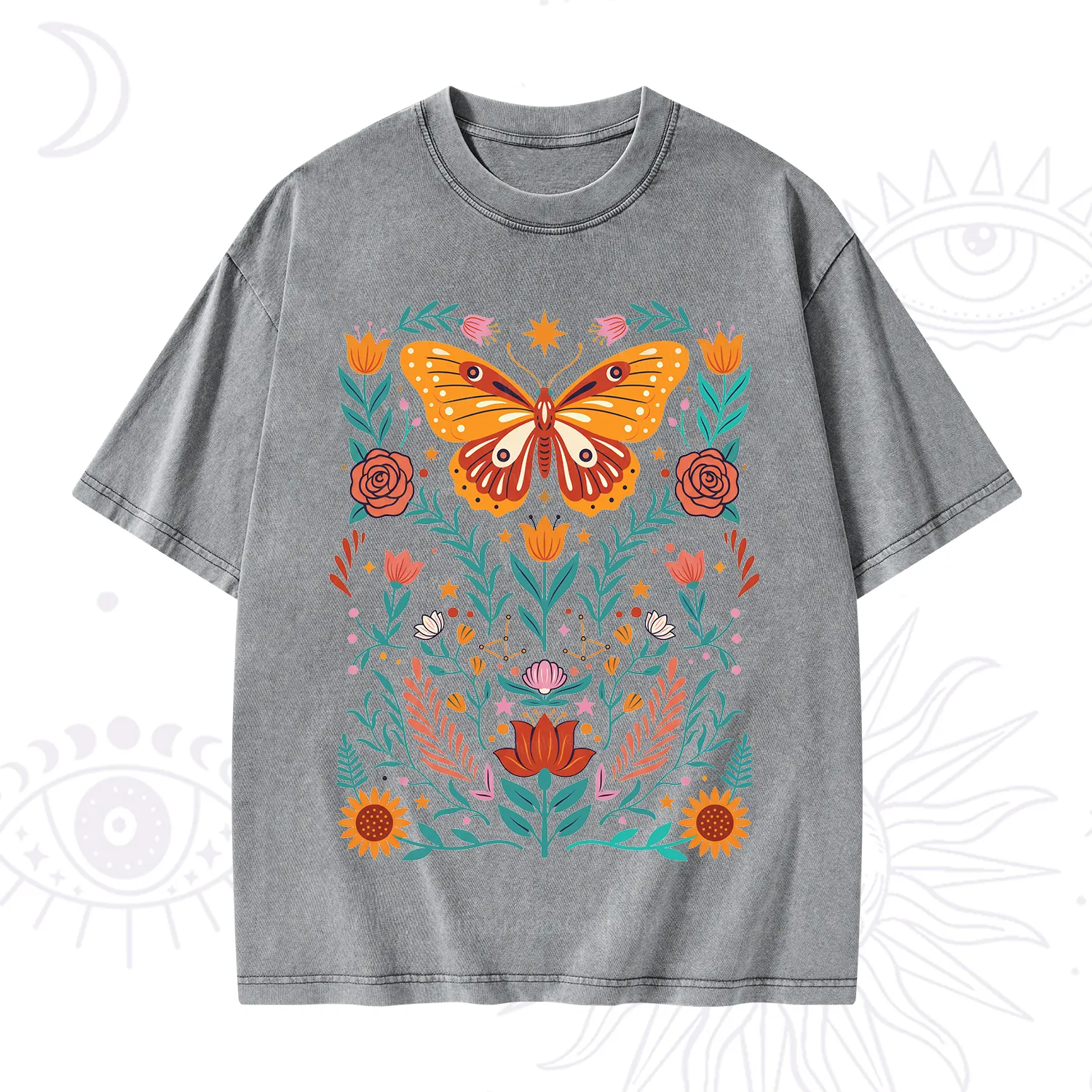 Purplehecate Boho Colorful Celestial Butterfly Washed T-Shirt
