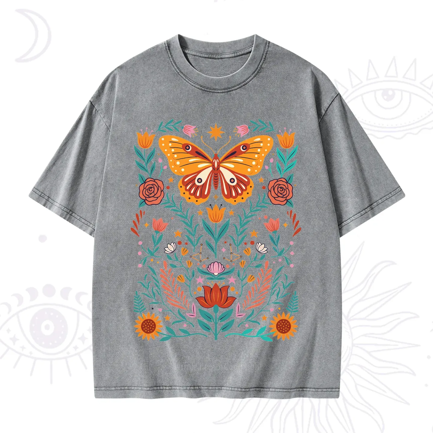 Purplehecate Boho Colorful Celestial Butterfly Washed T-Shirt