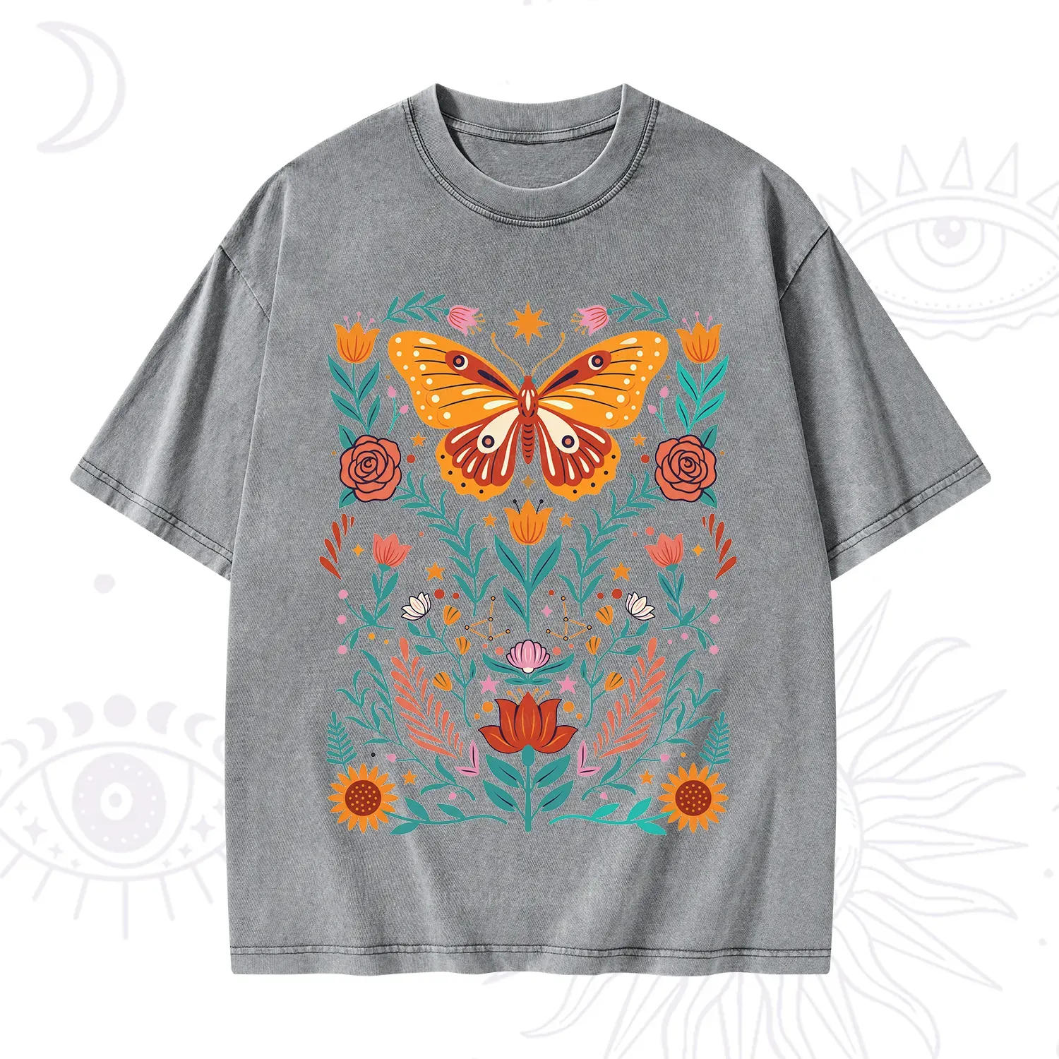 Purplehecate Boho Colorful Celestial Butterfly Washed T-Shirt