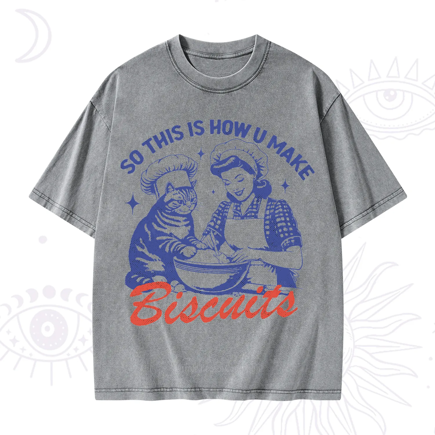 Purplehecate Funny Cat Baking Biscuits Washed T-Shirt