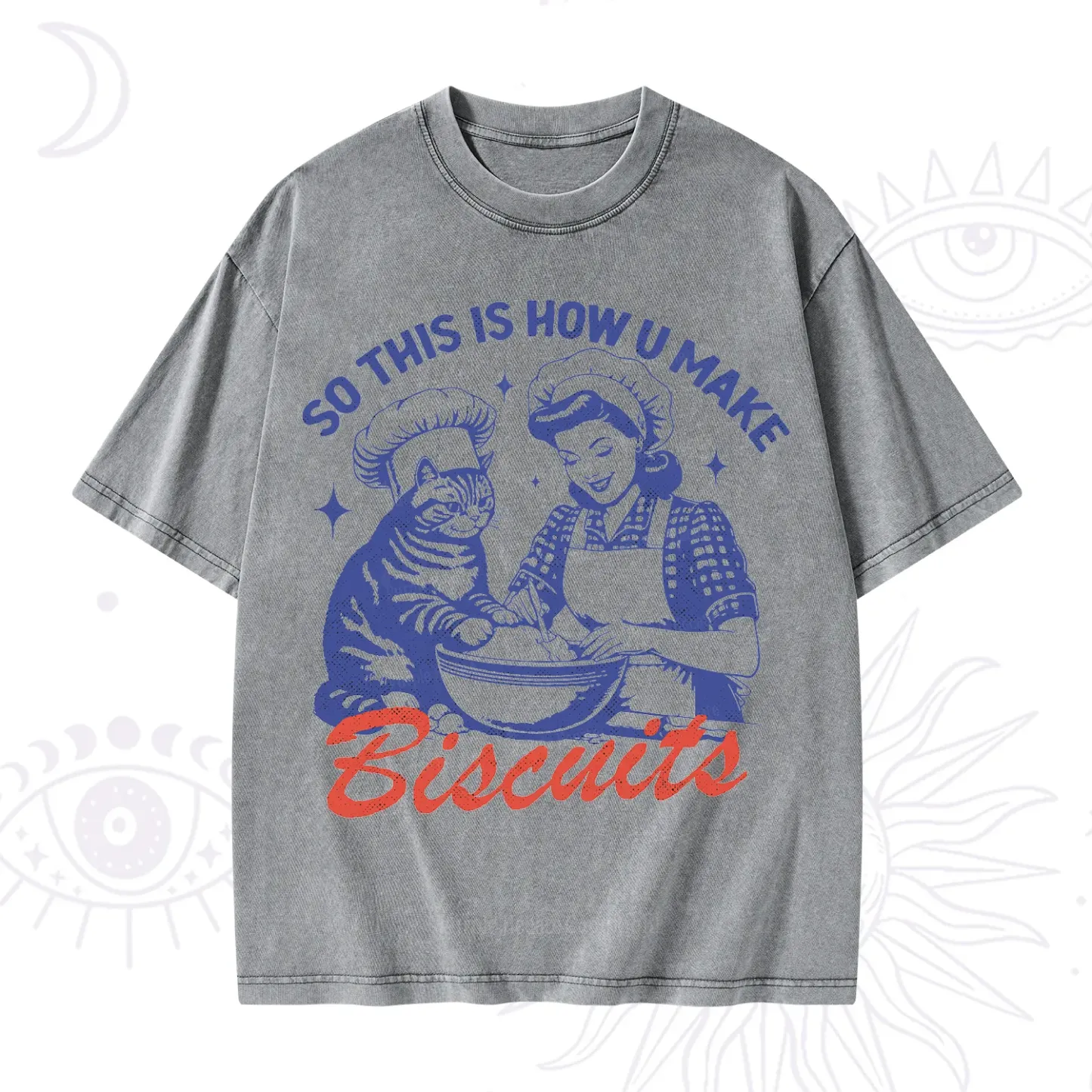 Purplehecate Funny Cat Baking Biscuits Washed T-Shirt