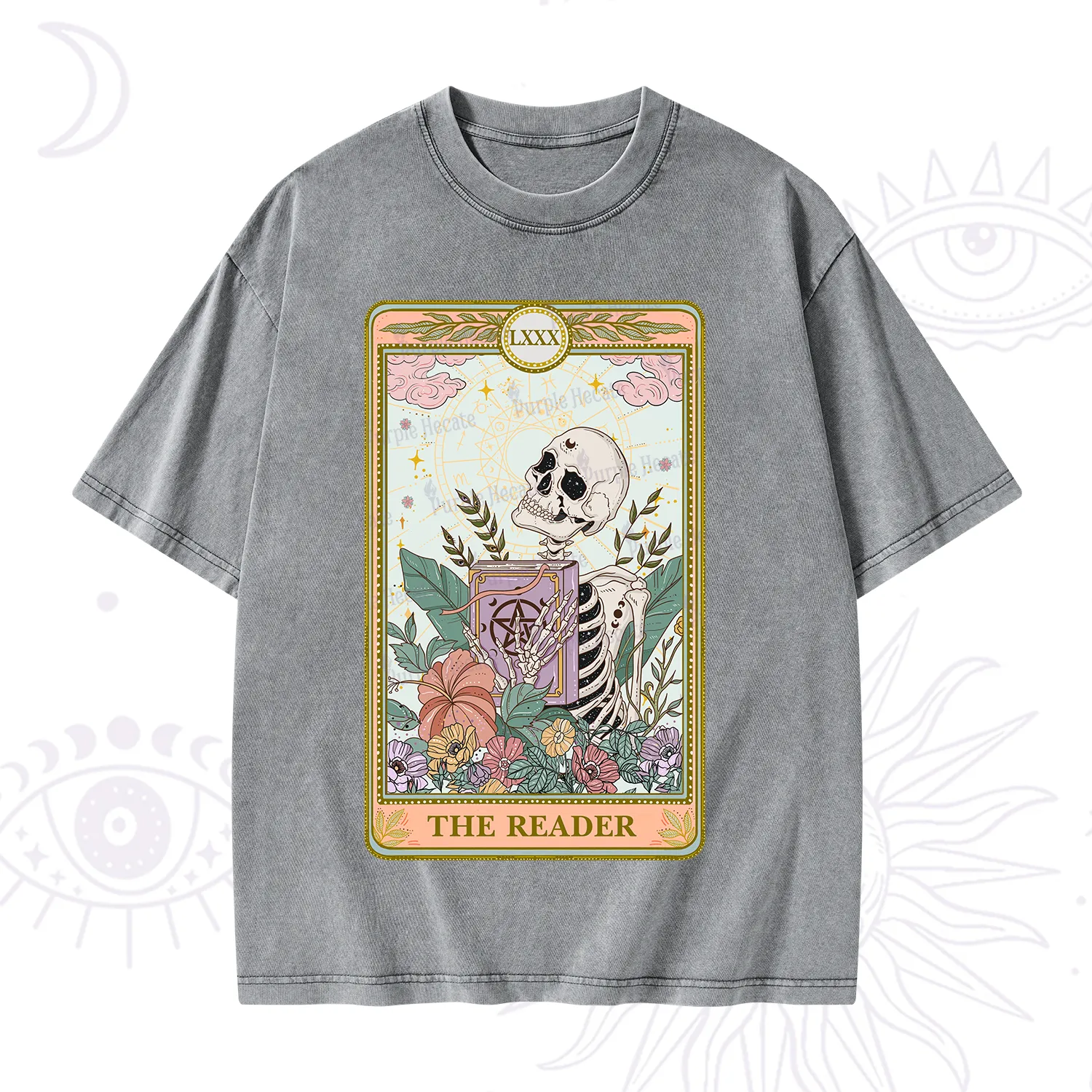 Purplehecate The Reader Occult Tarot Skeleton Washed T-Shirt