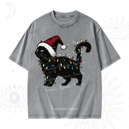 Purplehecate Cute Cat Christmas Washed T-Shirt