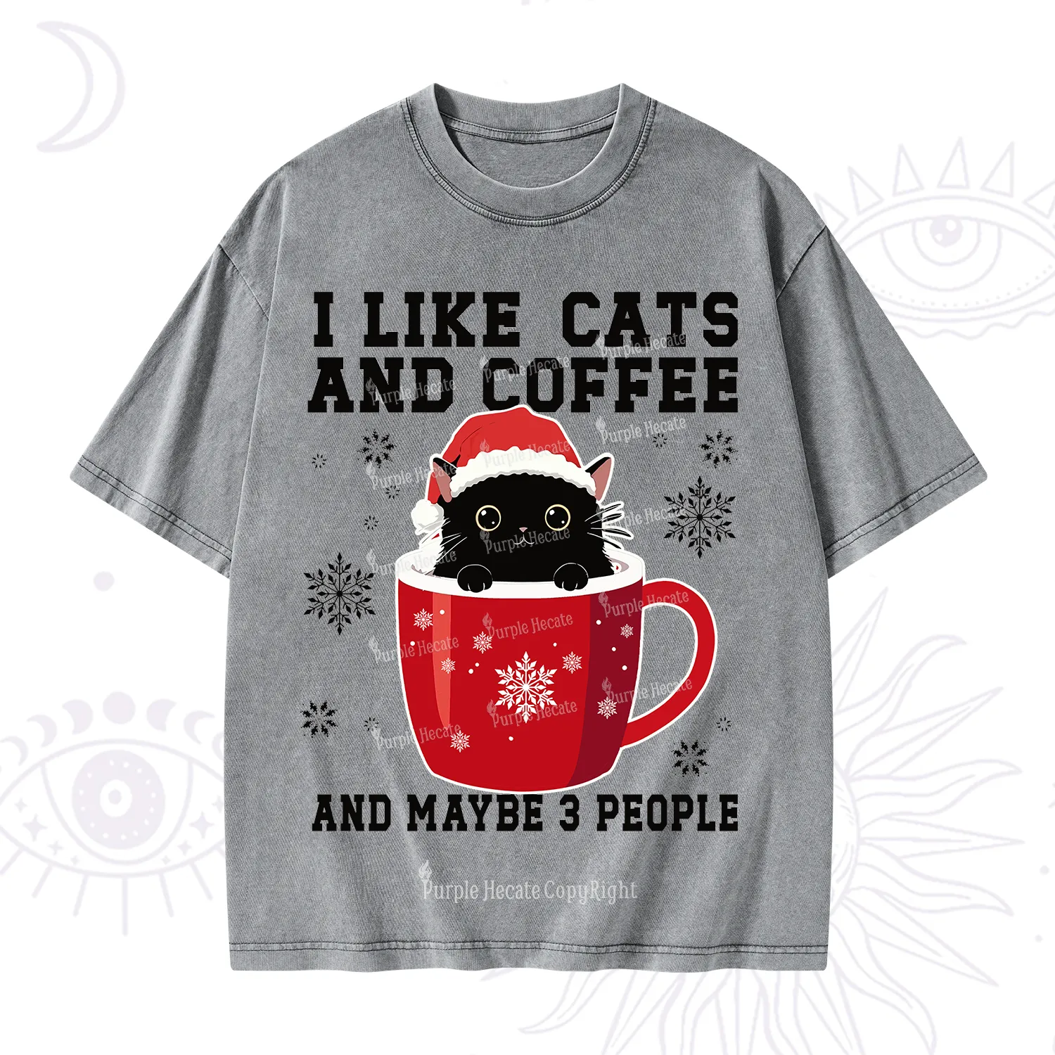Purplehecate I like Cats And Coffee Christmas Washed T-Shirt