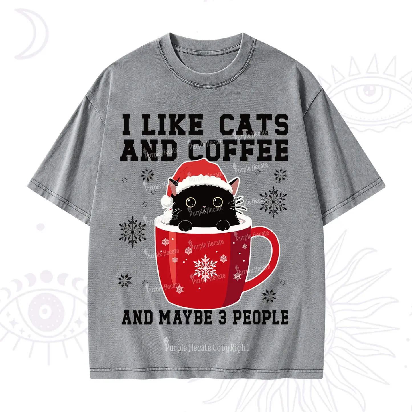 Purplehecate I like Cats And Coffee Christmas Washed T-Shirt