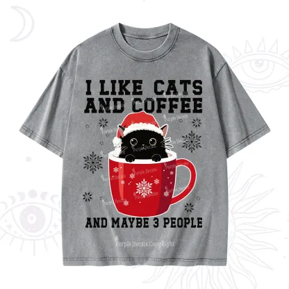 Purplehecate I like Cats And Coffee Christmas Washed T-Shirt