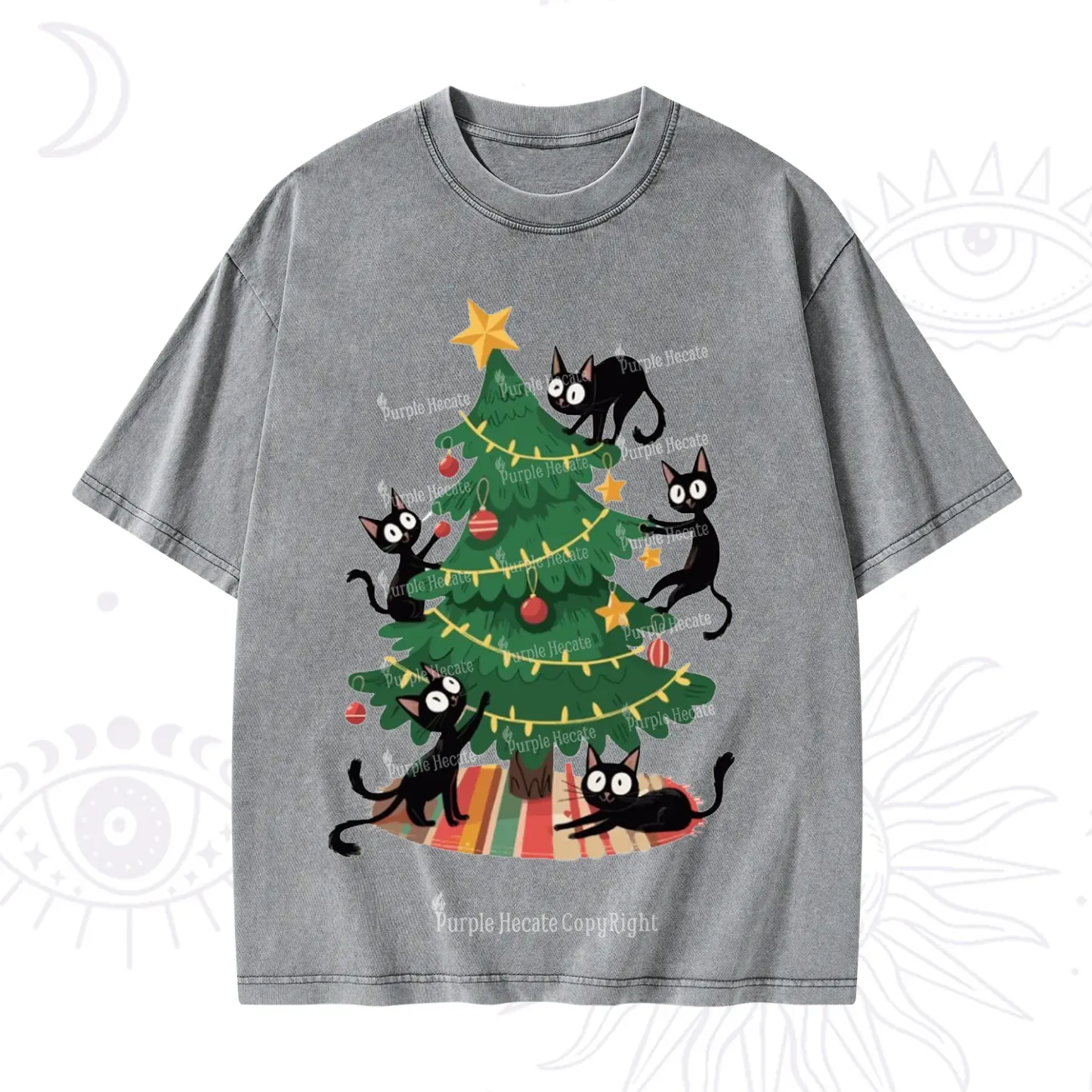 Purplehecate Black Cat in Tree Christmas Washed T-Shirt