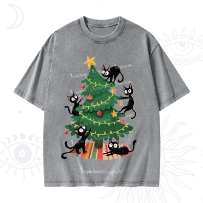 Purplehecate Black Cat in Tree Christmas Washed T-Shirt