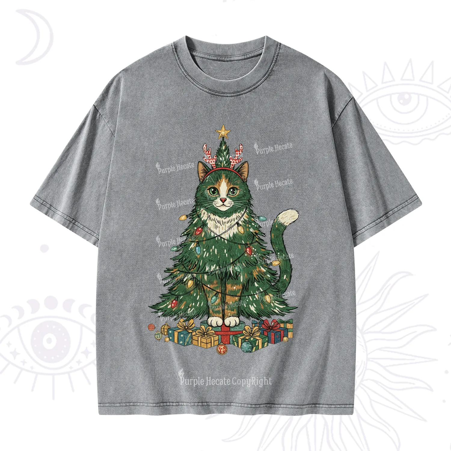 Purplehecate Cute Cats Christmas Tree Washed T-Shirt