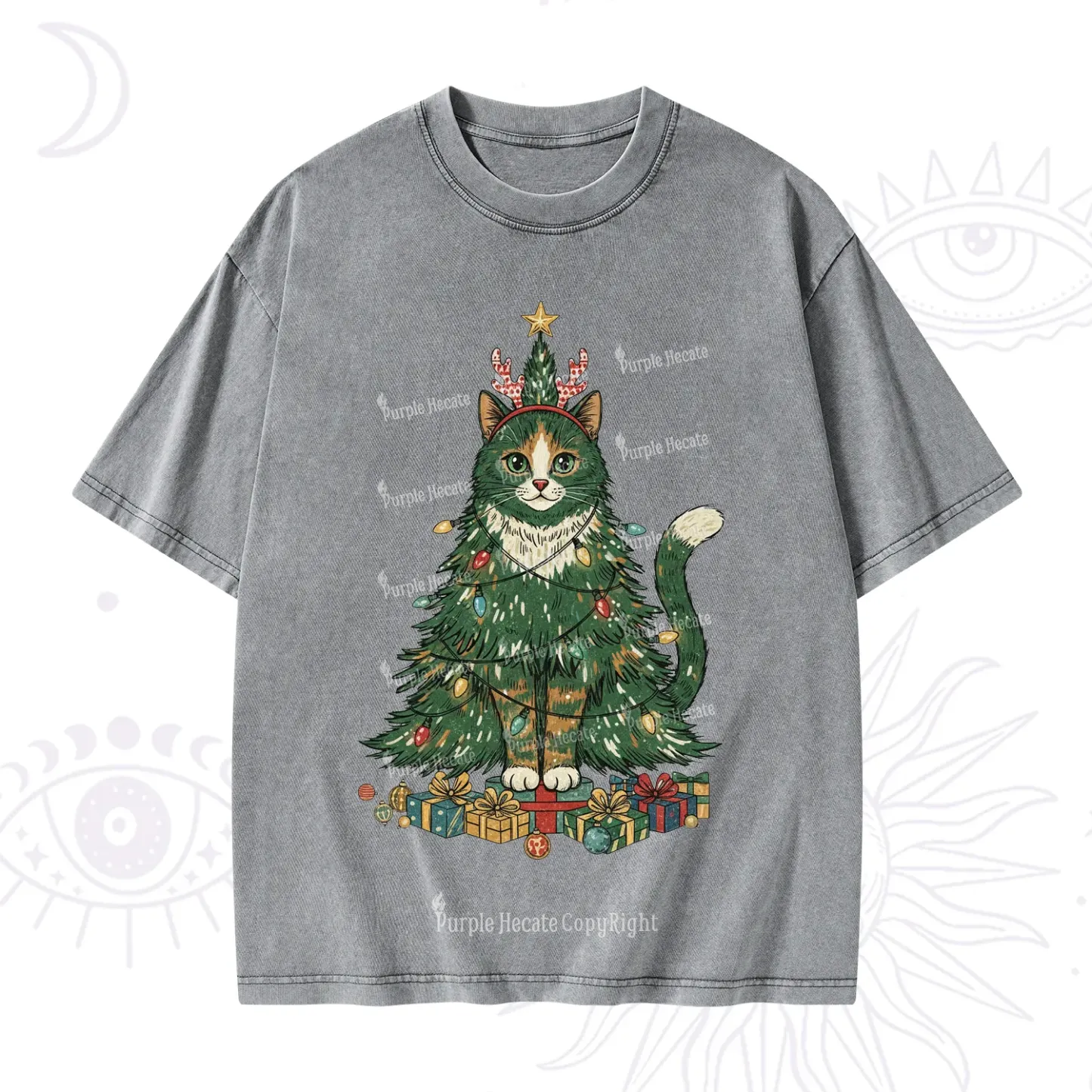 Purplehecate Cute Cats Christmas Tree Washed T-Shirt