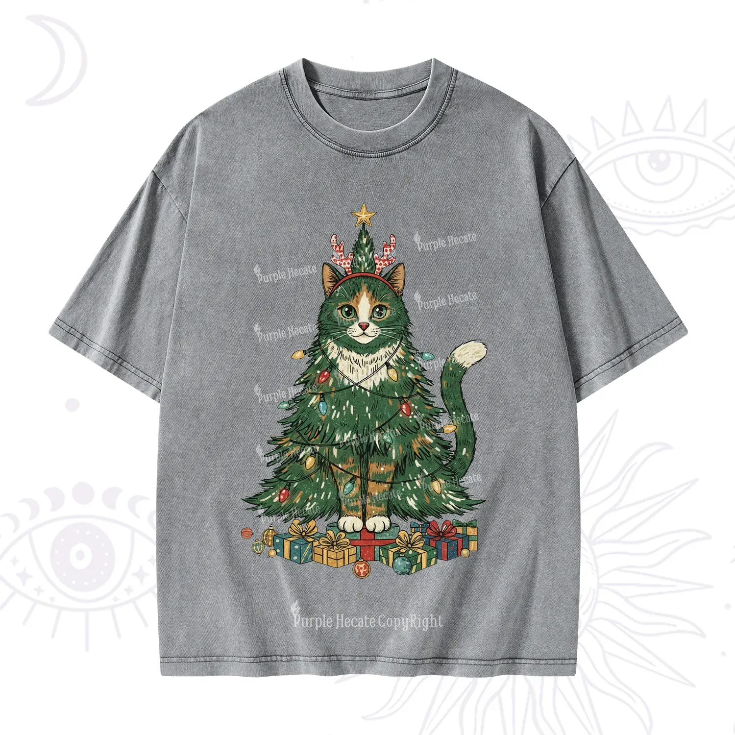 Purplehecate Cute Cats Christmas Tree Washed T-Shirt