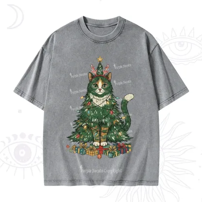 Purplehecate Cute Cats Christmas Tree Washed T-Shirt