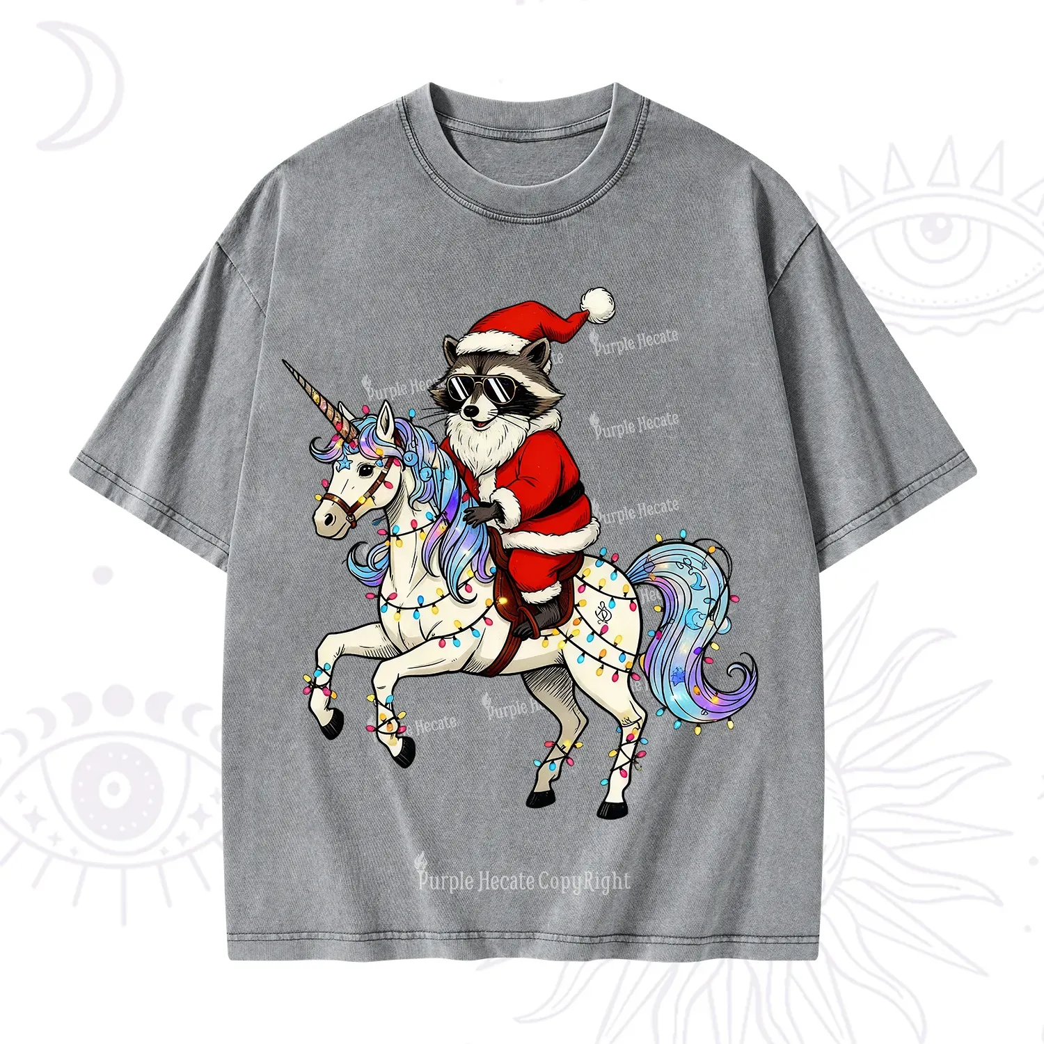 Purplehecate Santa Raccoon Riding Unicorn Tee Christmas Washed T-Shirt