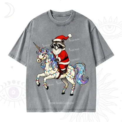 Purplehecate Santa Raccoon Riding Unicorn Tee Christmas Washed T-Shirt