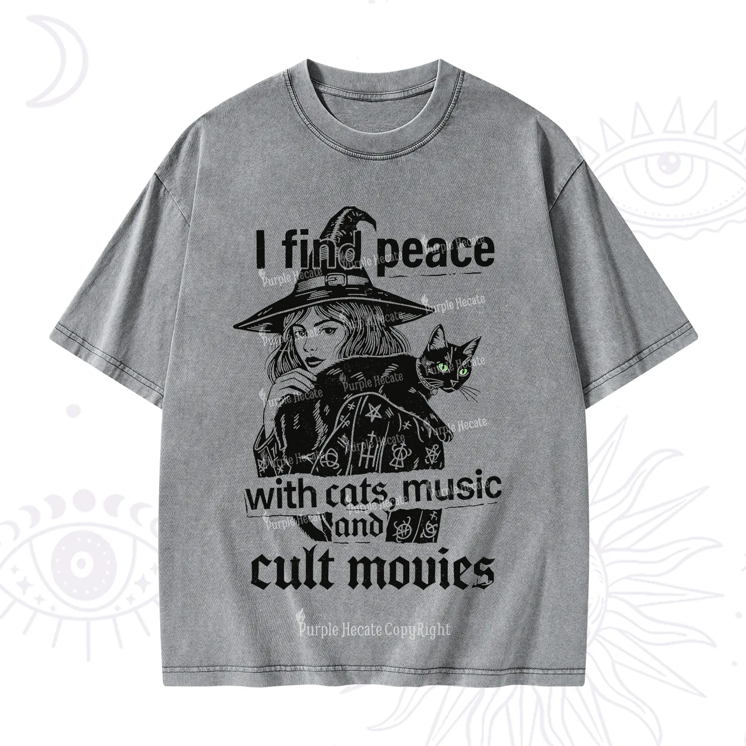 Purplehecate I Find Peace With Cats Music Cult Movies Washed T-Shirt