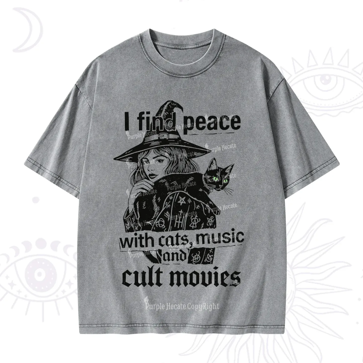 Purplehecate I Find Peace With Cats Music Cult Movies Washed T-Shirt