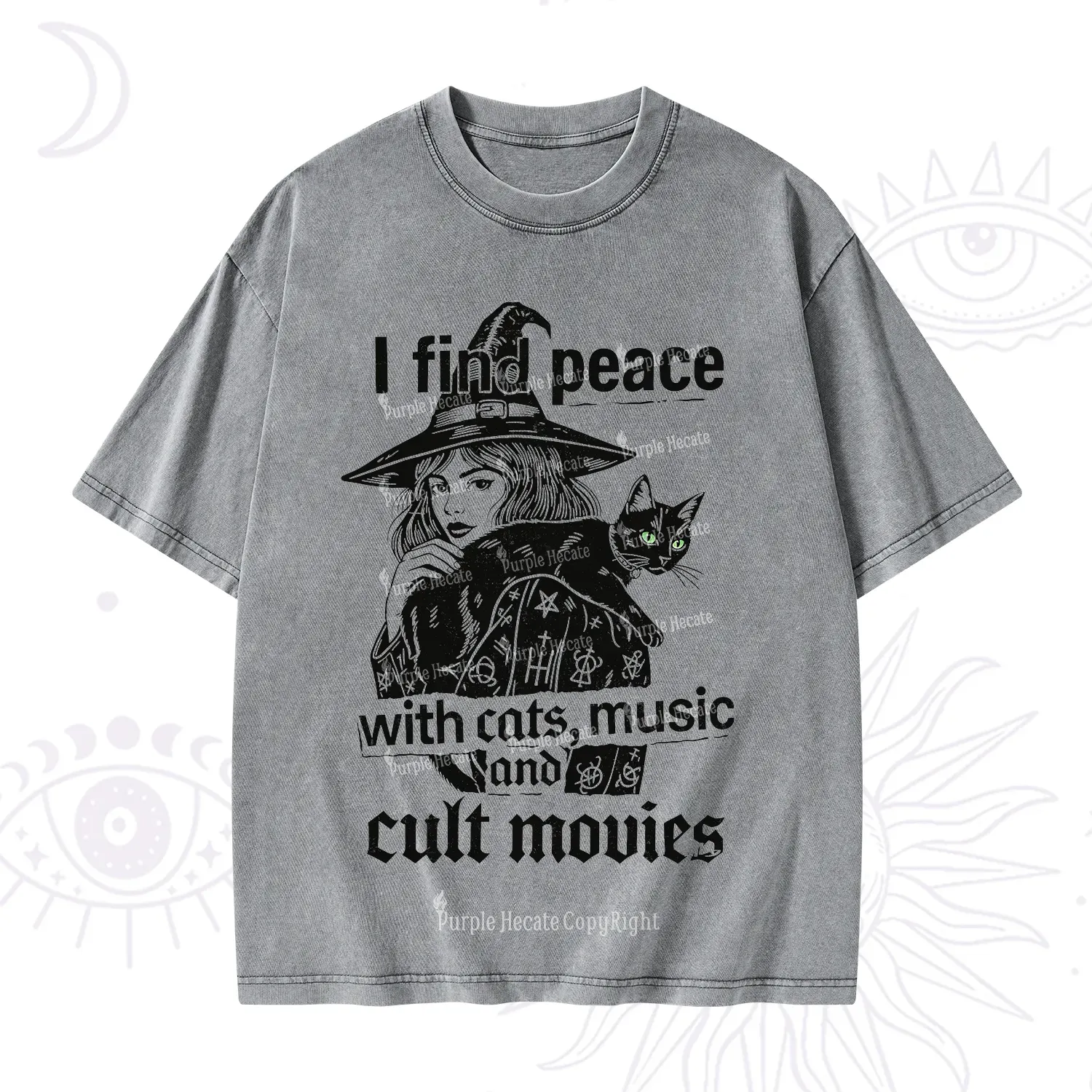 Purplehecate I Find Peace With Cats Music Cult Movies Washed T-Shirt