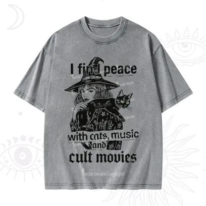 Purplehecate I Find Peace With Cats Music Cult Movies Washed T-Shirt