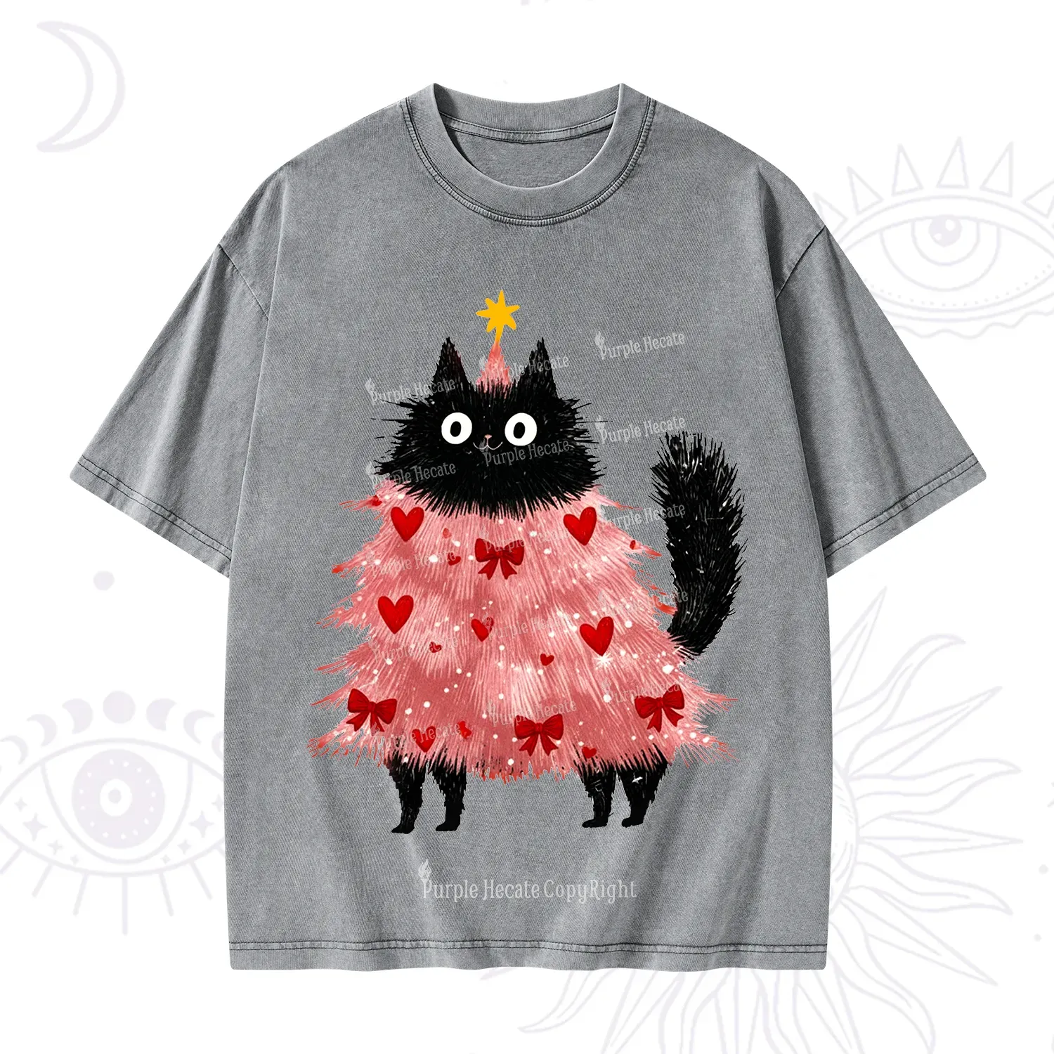 Purplehecate Funny Black Cat in Tree Valentine Washed T-Shirt