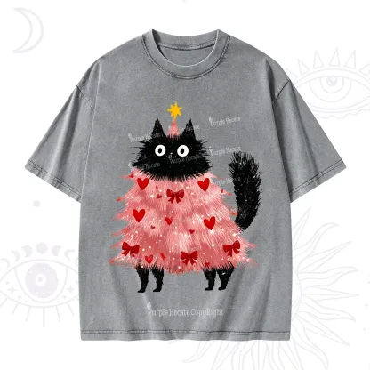 Purplehecate Funny Black Cat in Tree Valentine Washed T-Shirt