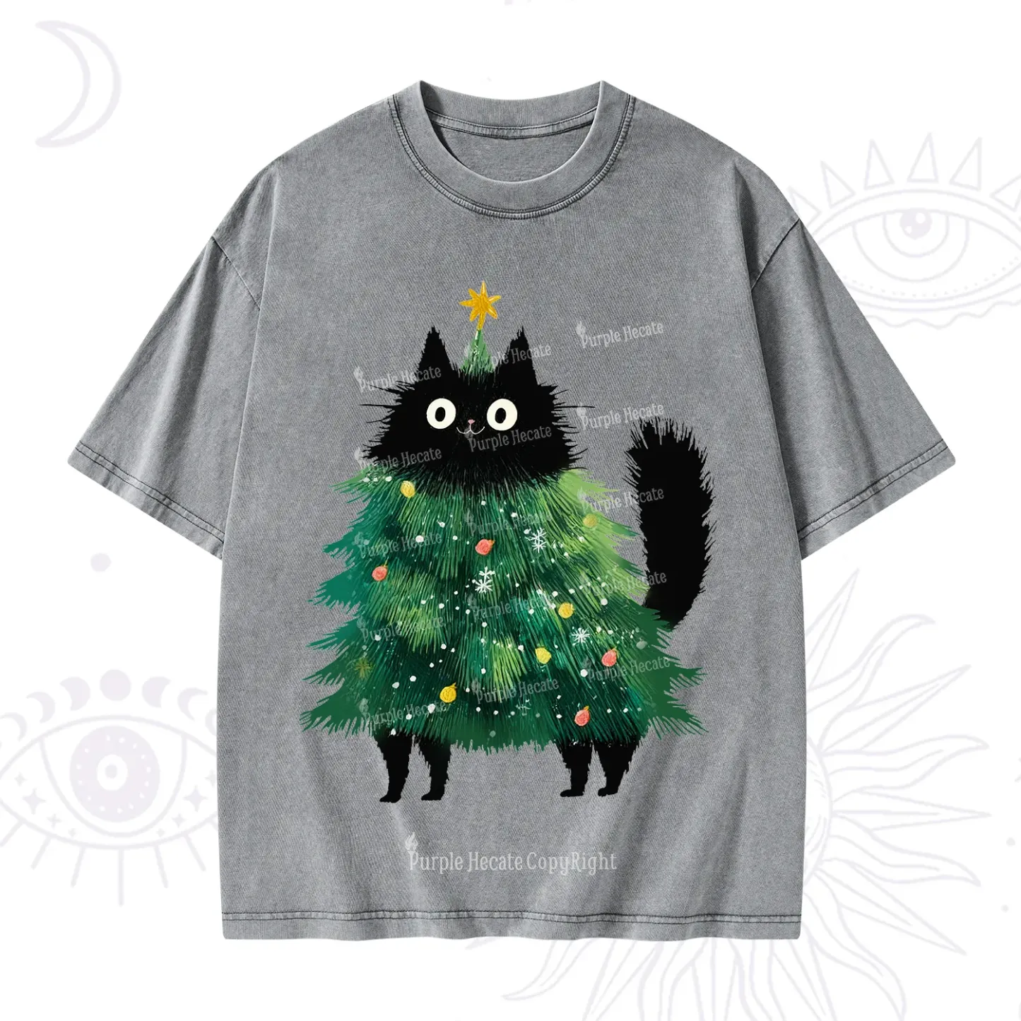 Purplehecate Black Cats Christmas Tree Christmas Washed T-Shirt