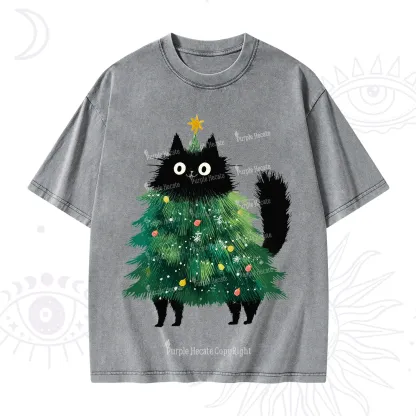 Purplehecate Black Cats Christmas Tree Christmas Washed T-Shirt