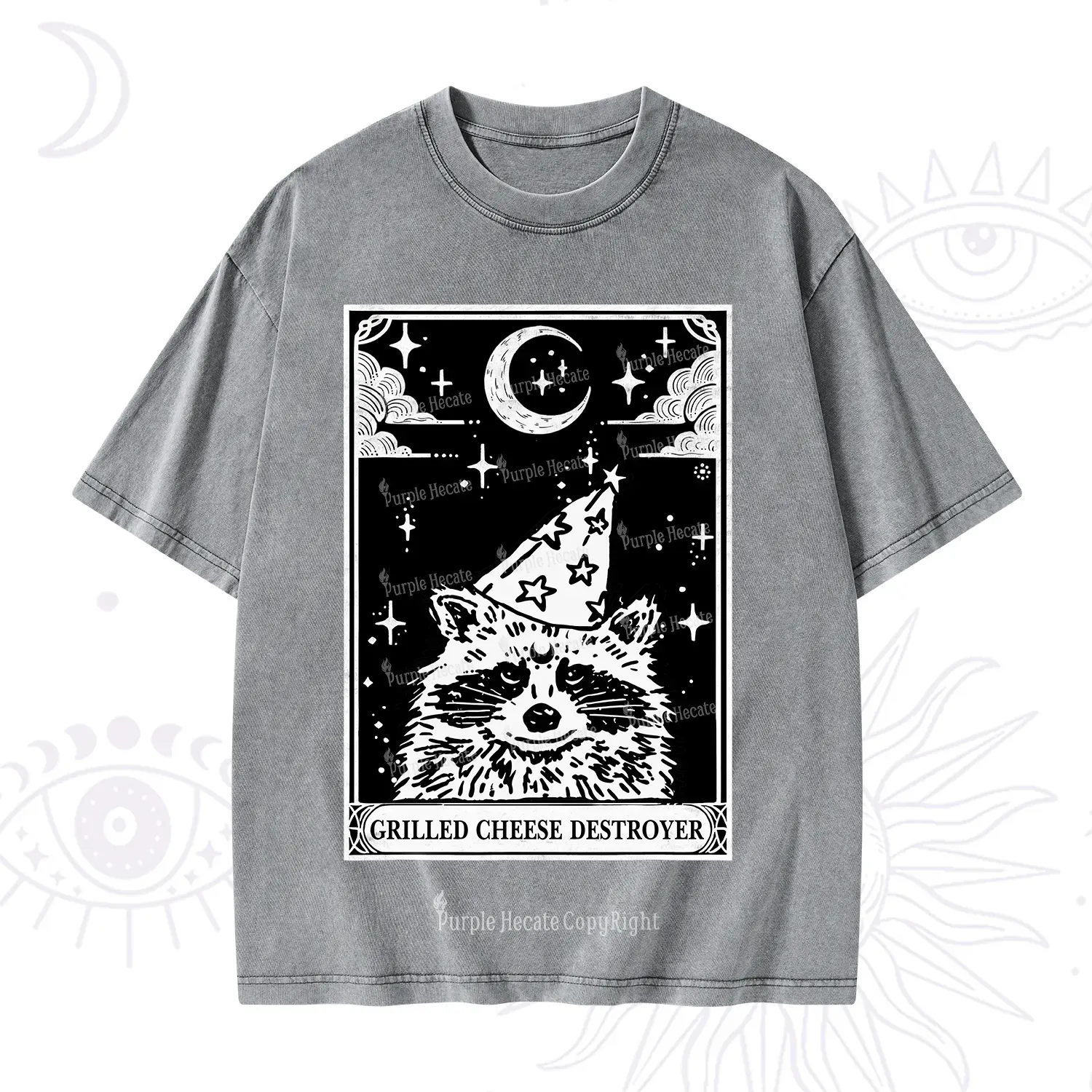Purplehecate The Grilled Cheese Destroyer Tarot Raccoon Washed T-Shirt