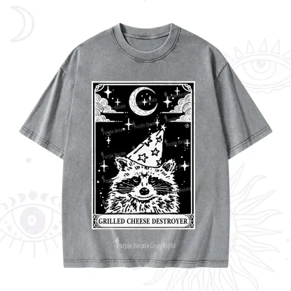 Purplehecate The Grilled Cheese Destroyer Tarot Raccoon Washed T-Shirt