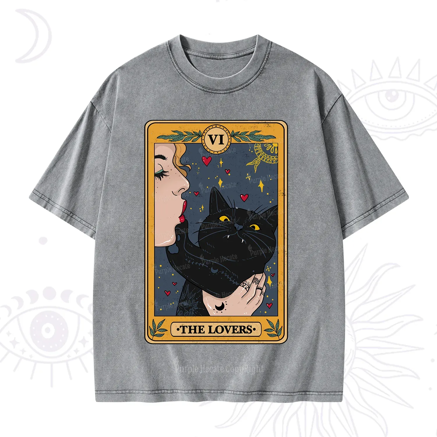 Purplehecate The Lovers Cat Tarot Washed T-Shirt