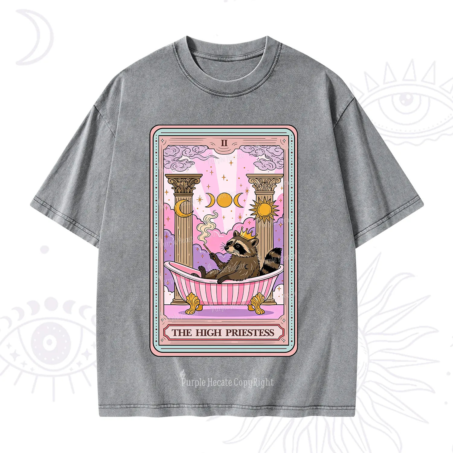 Purplehecate The High Priestess Raccoon Tarot Washed T-Shirt