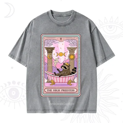 Purplehecate The High Priestess Raccoon Tarot Washed T-Shirt