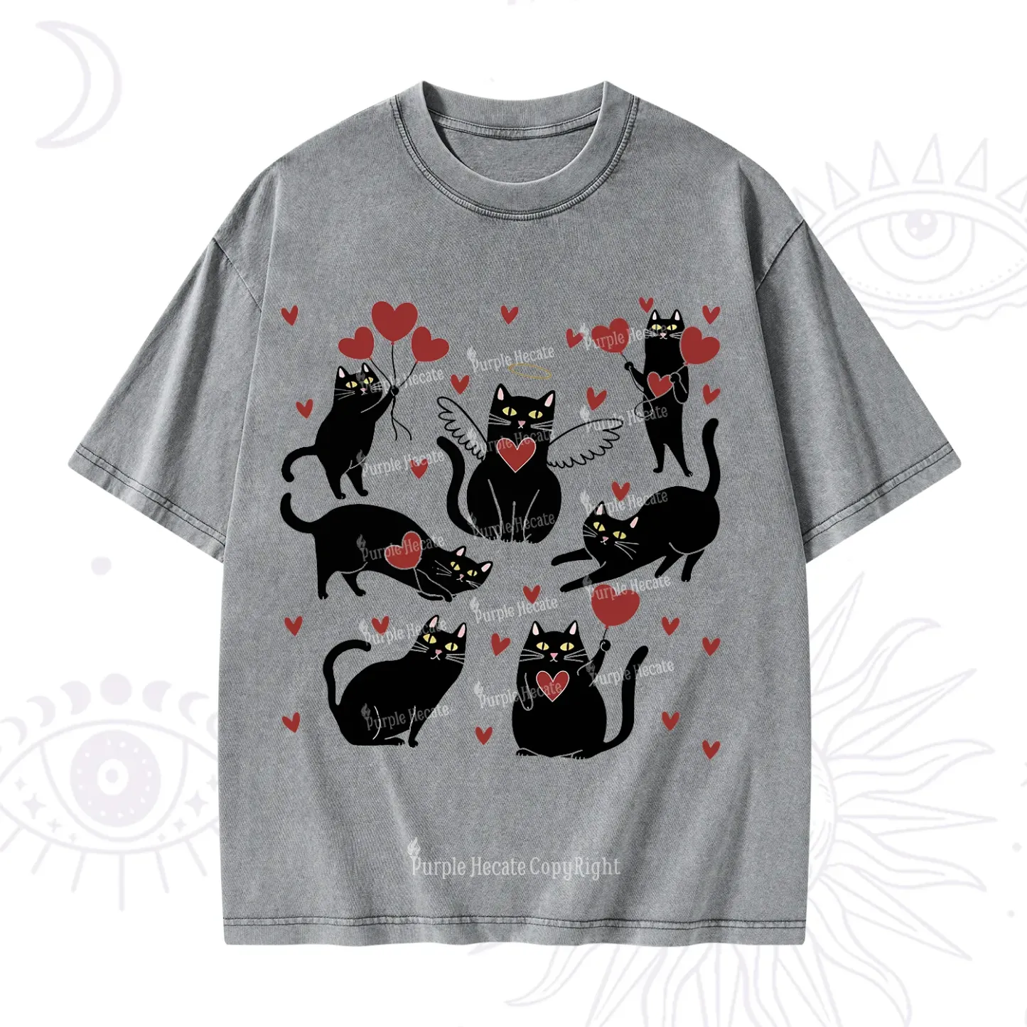 Purplehecate Meowy Valentine's Romantic Cat Valentine Washed T-Shirt
