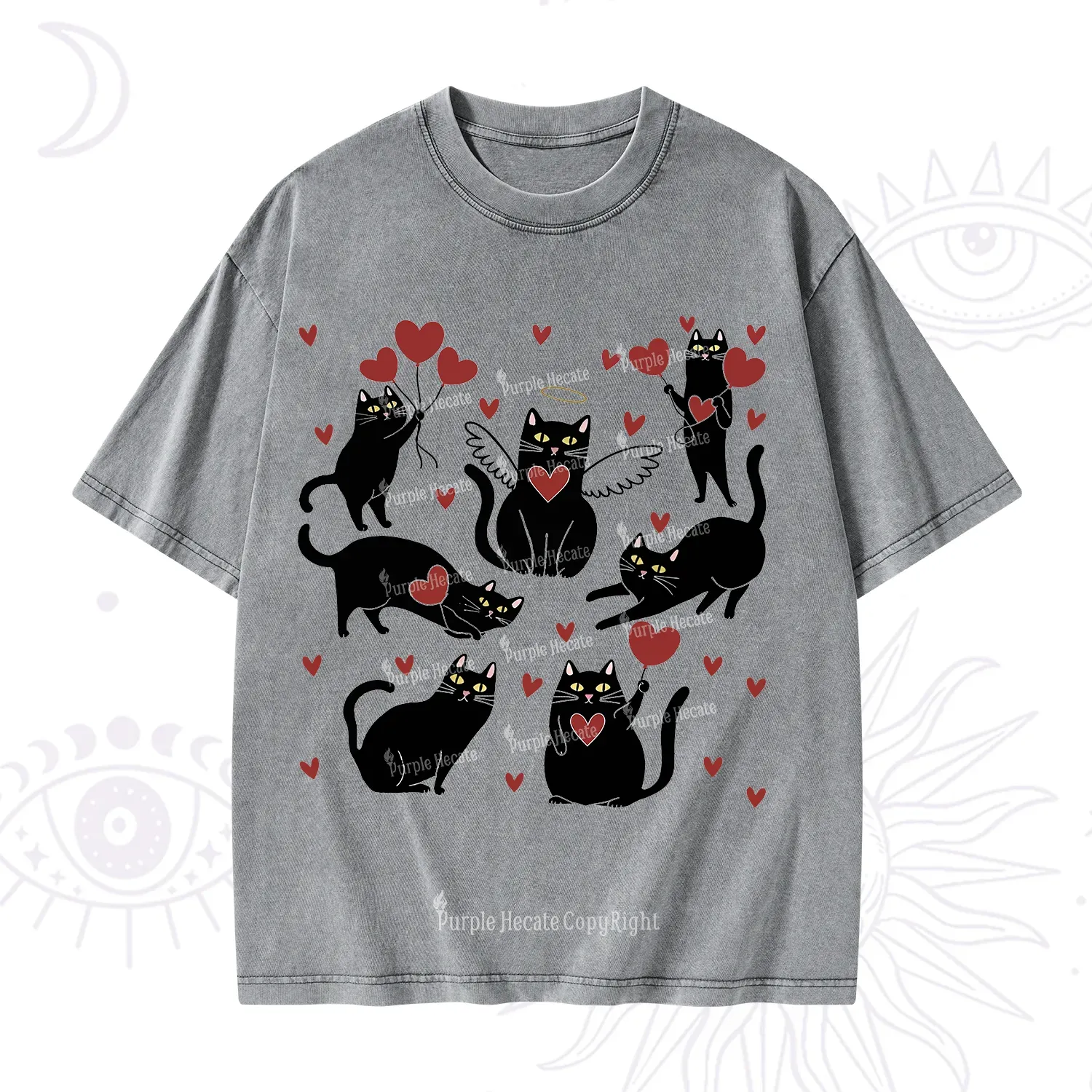 Purplehecate Meowy Valentine's Romantic Cat Valentine Washed T-Shirt
